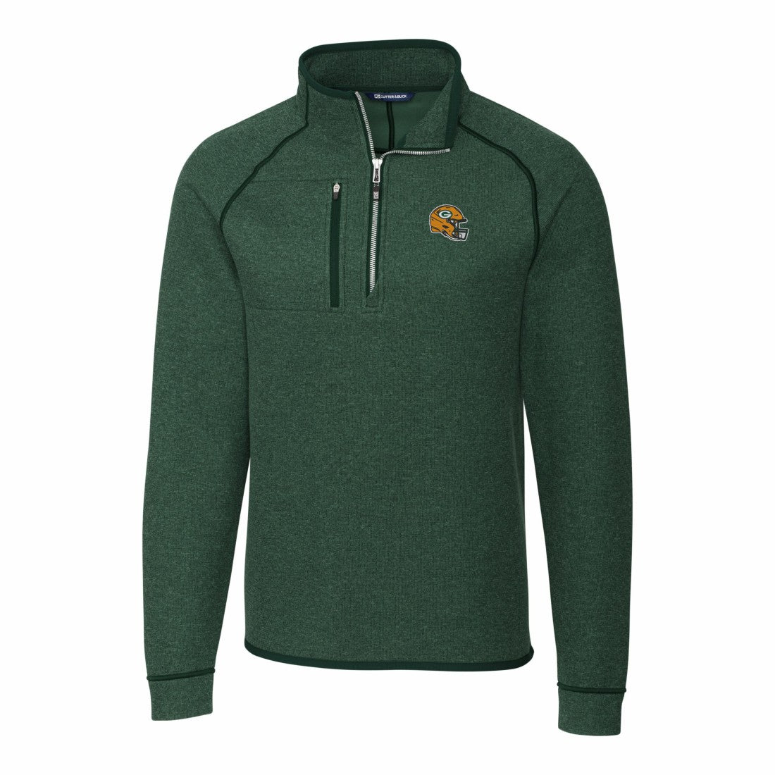 Green Bay Packers Cutter & Buck Helmet Mainsail Sweater-Knit Half-Zip Pullover Jacket Hunter Green | NFL