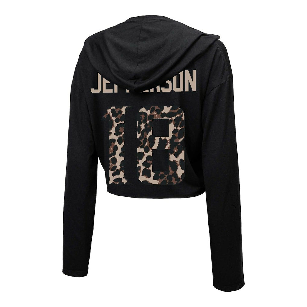 Justin Jefferson Minnesota Vikings Majestic Threads Women's Leopard Player Name & Number Long Sleeve Cropped Hoodie Black | NFL