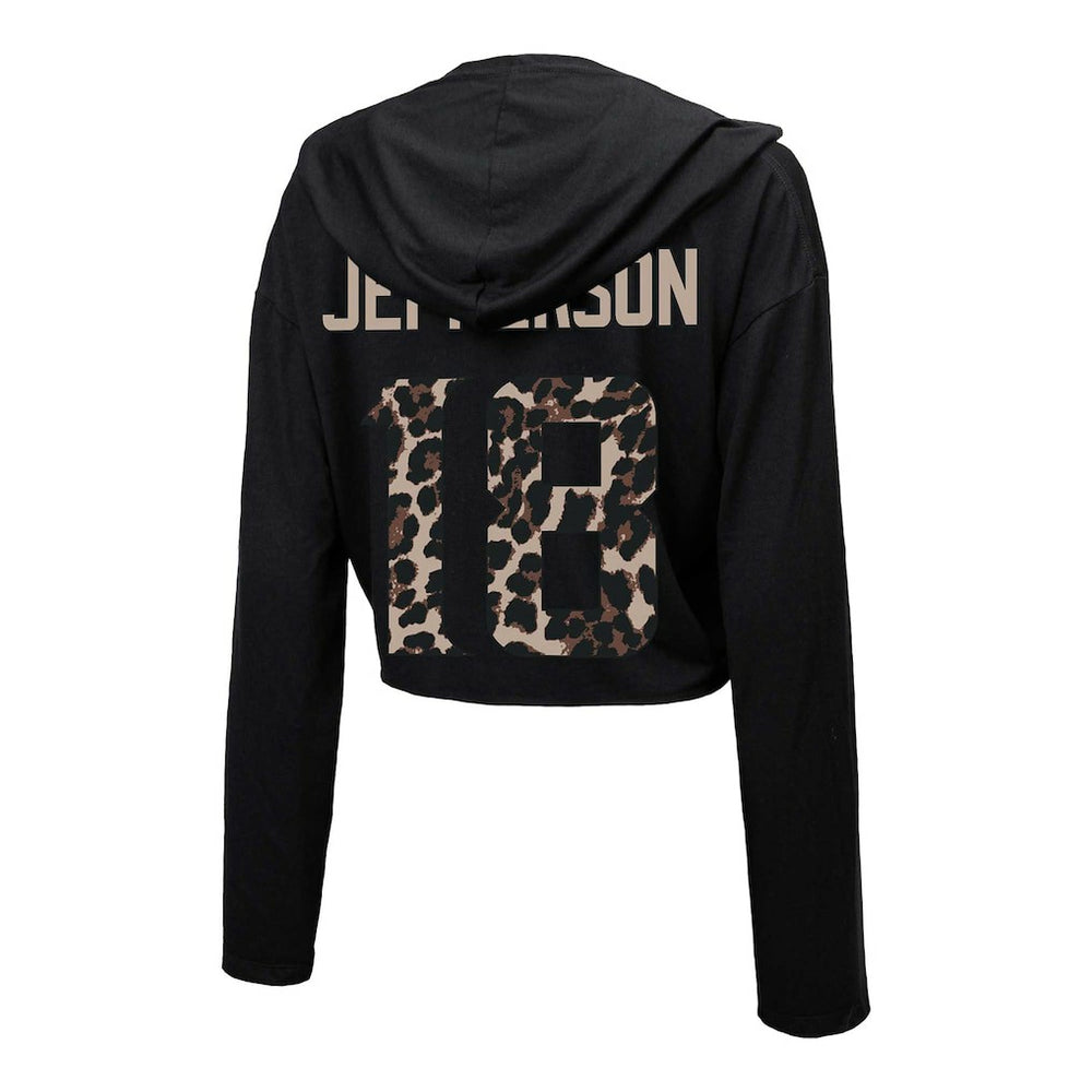 Justin Jefferson Minnesota Vikings Majestic Threads Women's Leopard Player Name & Number Long Sleeve Cropped Hoodie Black | NFL