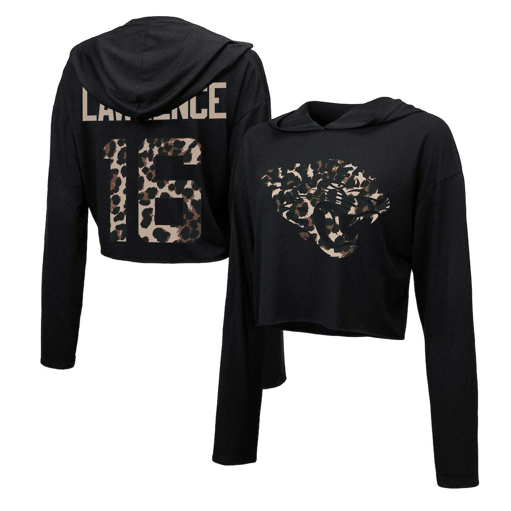 Trevor Lawrence Jacksonville Jaguars Majestic Threads Women's Leopard Player Name & Number Long Sleeve Cropped Hoodie Black | NFL