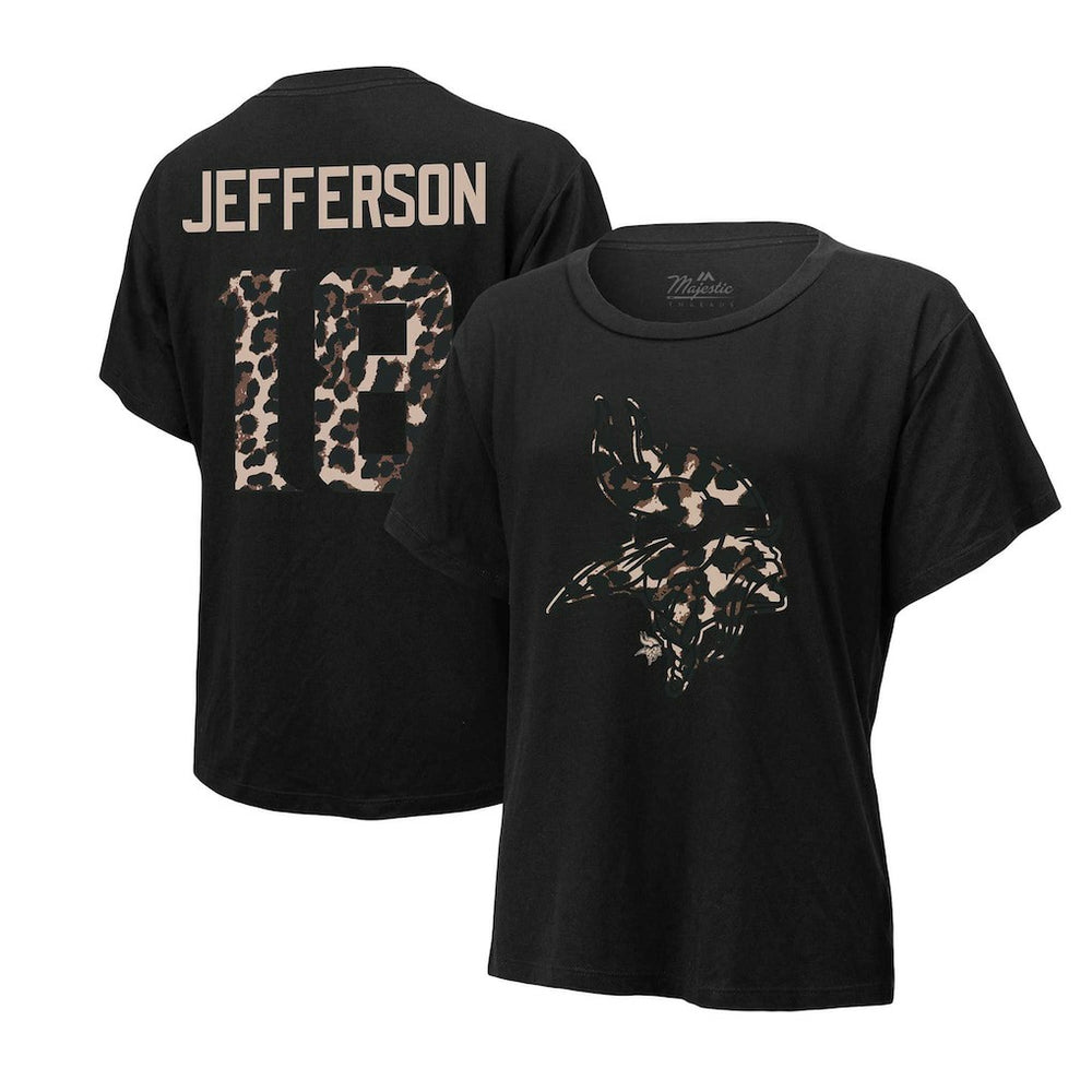 Justin Jefferson Minnesota Vikings Majestic Threads Women's Leopard Player Name & Number T-Shirt Black | NFL