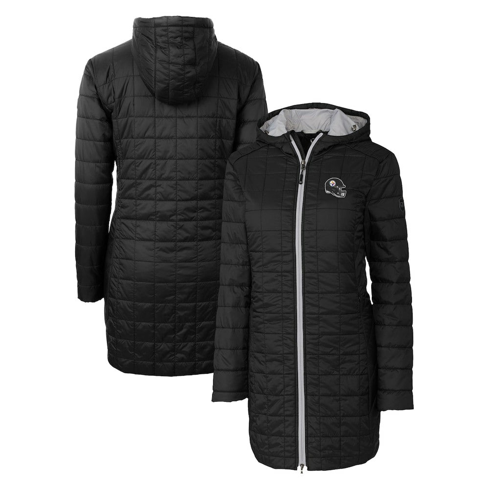 Pittsburgh Steelers Cutter & Buck Women's Helmet Logo Rainier Primaloft Eco Insulated Hooded Long Coat Black | NFL
