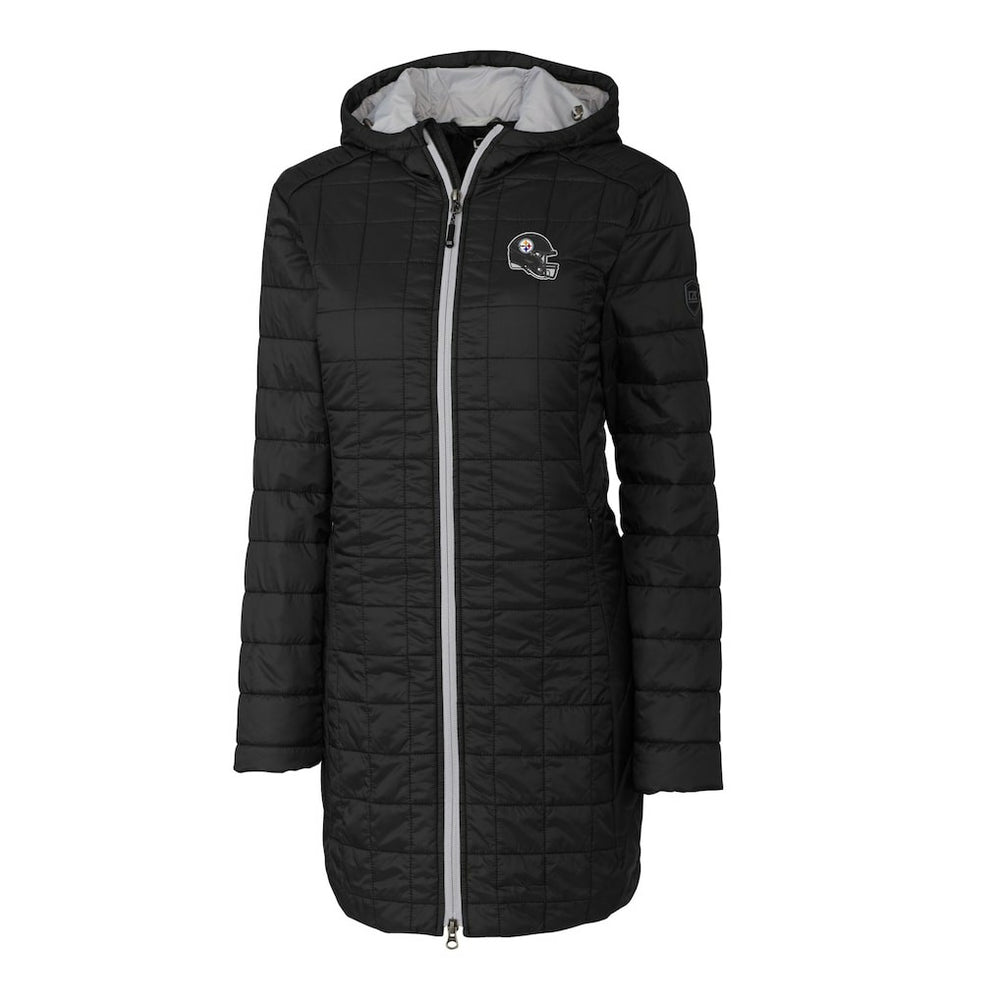 Pittsburgh Steelers Cutter & Buck Women's Helmet Logo Rainier Primaloft Eco Insulated Hooded Long Coat Black | NFL