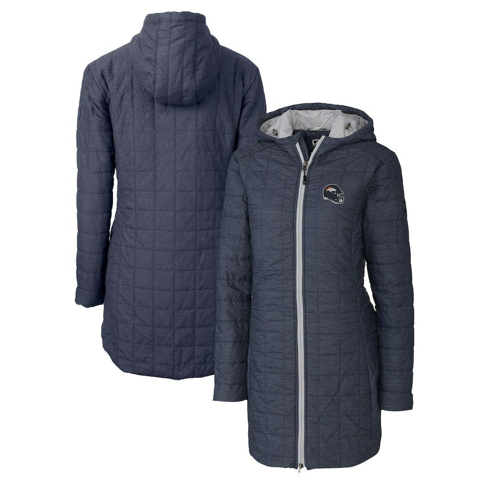 Denver Broncos Cutter & Buck Women's Helmet Logo Rainier Primaloft Eco Insulated Hooded Long Coat Heather Navy | NFL