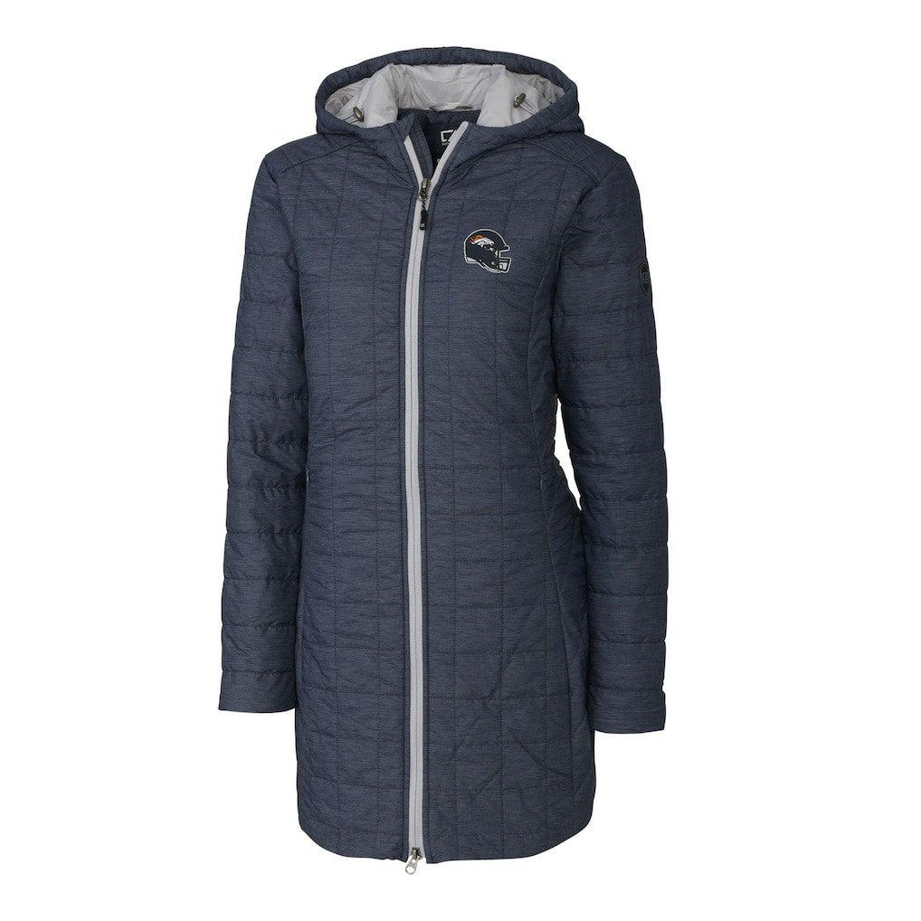 Denver Broncos Cutter & Buck Women's Helmet Logo Rainier Primaloft Eco Insulated Hooded Long Coat Heather Navy | NFL