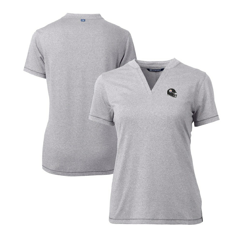Pittsburgh Steelers Cutter & Buck Women's Helmet Logo DryTec Forge Stretch V-Neck Blade Top Heather Gray | NFL