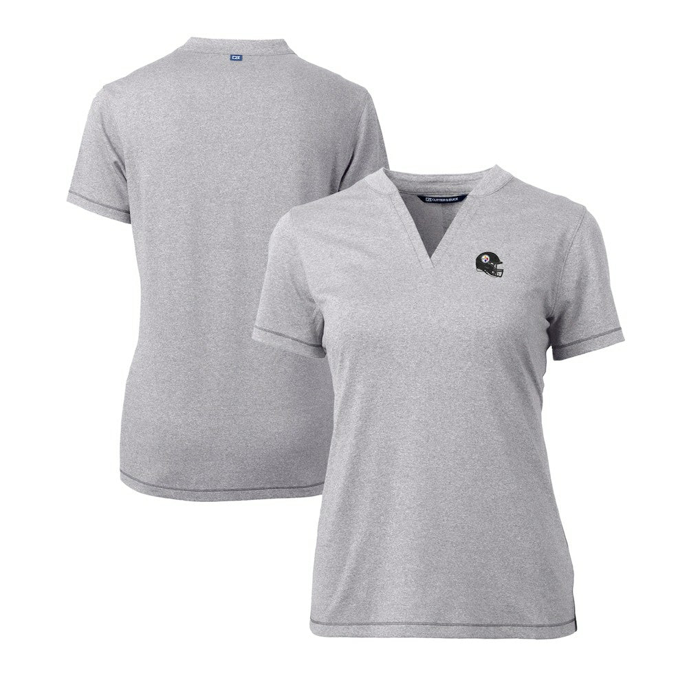 Pittsburgh Steelers Cutter & Buck Women's Helmet Logo DryTec Forge Stretch V-Neck Blade Top Heather Gray | NFL