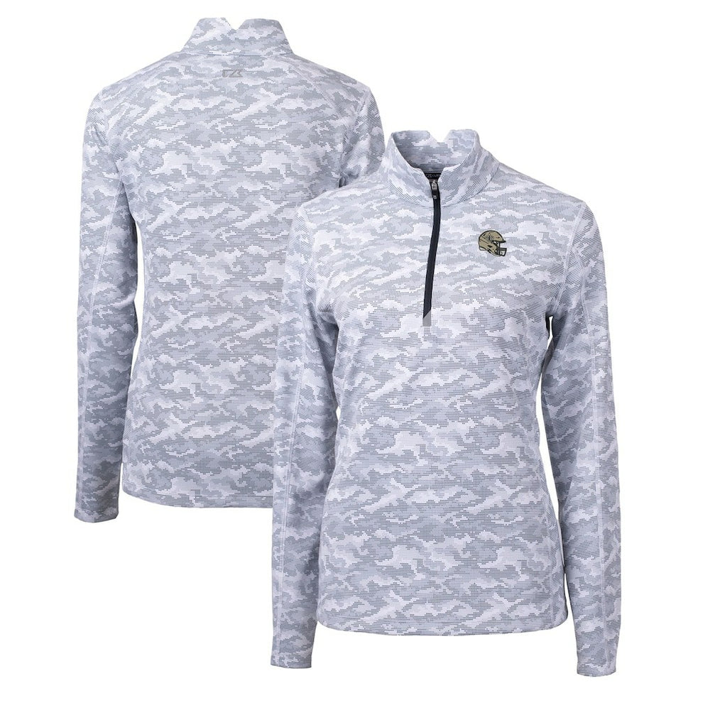New Orleans Saints Cutter & Buck Women's Helmet Logo Traverse Camo Print Stretch Quarter-Zip Pullover Top Charcoal | NFL
