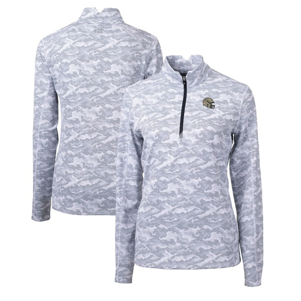 New Orleans Saints Cutter & Buck Women's Helmet Logo Traverse Camo Print Stretch Quarter-Zip Pullover Top Charcoal | NFL