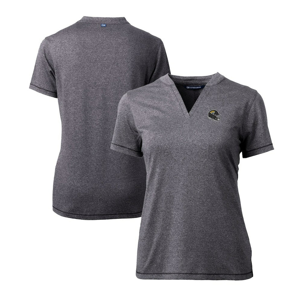 Jacksonville Jaguars Cutter & Buck Women's Helmet Logo DryTec Forge Stretch V-Neck Blade Top Heather Charcoal | NFL