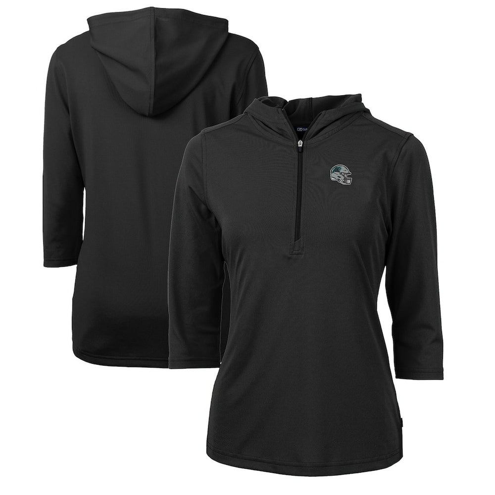 Carolina Panthers Cutter & Buck Women's Helmet Logo DryTec Virtue Eco Pique Recycled 3/4-Sleeve Half-Zip Pullover Hoodie Black | NFL
