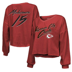 Patrick Mahomes Kansas City Chiefs Majestic Threads Women's Name & Number Off-Shoulder Script Cropped Long Sleeve Relaxed V-Neck T-Shirt Red | NFL