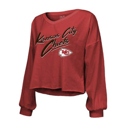 Patrick Mahomes Kansas City Chiefs Majestic Threads Women's Name & Number Off-Shoulder Script Cropped Long Sleeve Relaxed V-Neck T-Shirt Red | NFL