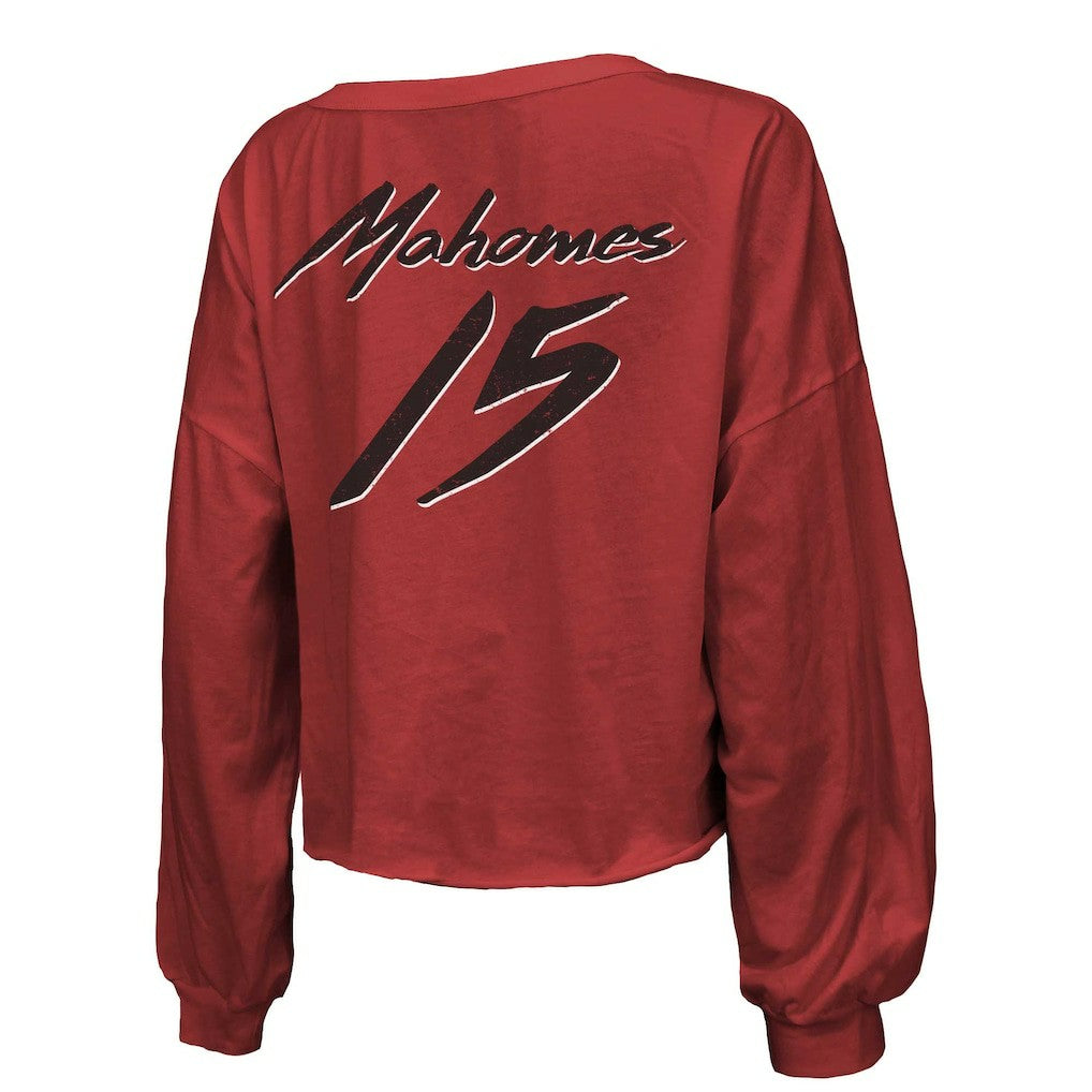 Patrick Mahomes Kansas City Chiefs Majestic Threads Women's Name & Number Off-Shoulder Script Cropped Long Sleeve Relaxed V-Neck T-Shirt Red | NFL