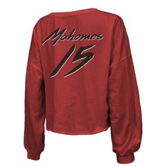 Patrick Mahomes Kansas City Chiefs Majestic Threads Women's Name & Number Off-Shoulder Script Cropped Long Sleeve Relaxed V-Neck T-Shirt Red | NFL