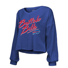 Josh Allen Buffalo Bills Majestic Threads Women's Name & Number Off-Shoulder Script Cropped Long Sleeve Relaxed V-Neck T-Shirt Royal | NFL