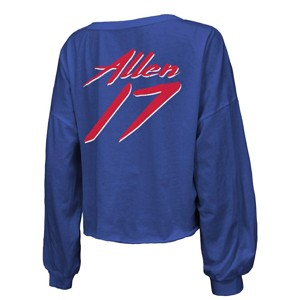 Josh Allen Buffalo Bills Majestic Threads Women's Name & Number Off-Shoulder Script Cropped Long Sleeve Relaxed V-Neck T-Shirt Royal | NFL