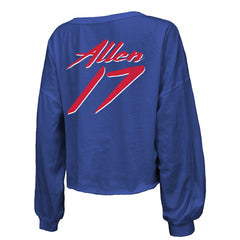 Josh Allen Buffalo Bills Majestic Threads Women's Name & Number Off-Shoulder Script Cropped Long Sleeve Relaxed V-Neck T-Shirt Royal | NFL