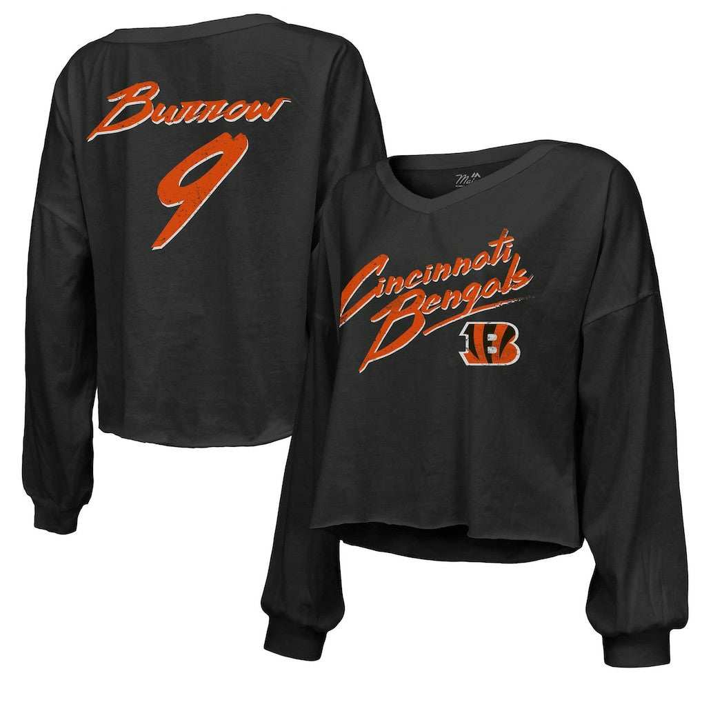 Joe Burrow Cincinnati Bengals Majestic Threads Women's Name & Number Off-Shoulder Script Cropped Long Sleeve Relaxed V-Neck T-Shirt Black | NFL