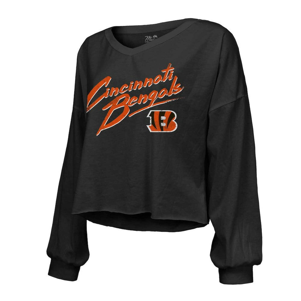 Joe Burrow Cincinnati Bengals Majestic Threads Women's Name & Number Off-Shoulder Script Cropped Long Sleeve Relaxed V-Neck T-Shirt Black | NFL