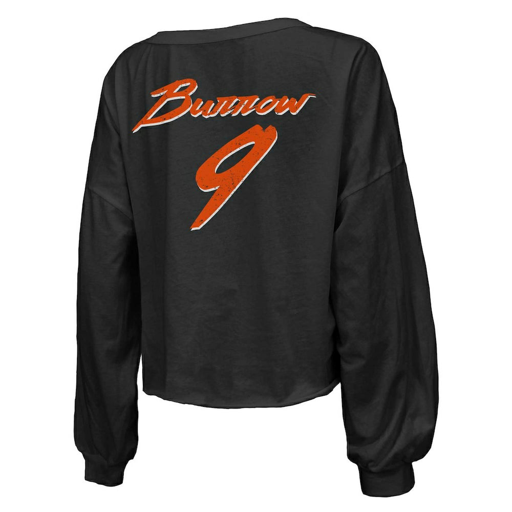 Joe Burrow Cincinnati Bengals Majestic Threads Women's Name & Number Off-Shoulder Script Cropped Long Sleeve Relaxed V-Neck T-Shirt Black | NFL