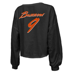 Joe Burrow Cincinnati Bengals Majestic Threads Women's Name & Number Off-Shoulder Script Cropped Long Sleeve Relaxed V-Neck T-Shirt Black | NFL