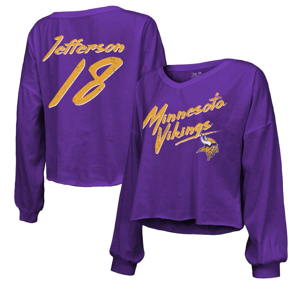 Justin Jefferson Minnesota Vikings Majestic Threads Women's Name & Number Off-Shoulder Script Cropped Long Sleeve V-Neck T-Shirt Purple | NFL