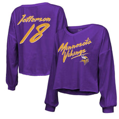 Justin Jefferson Minnesota Vikings Majestic Threads Women's Name & Number Off-Shoulder Script Cropped Long Sleeve V-Neck T-Shirt Purple | NFL