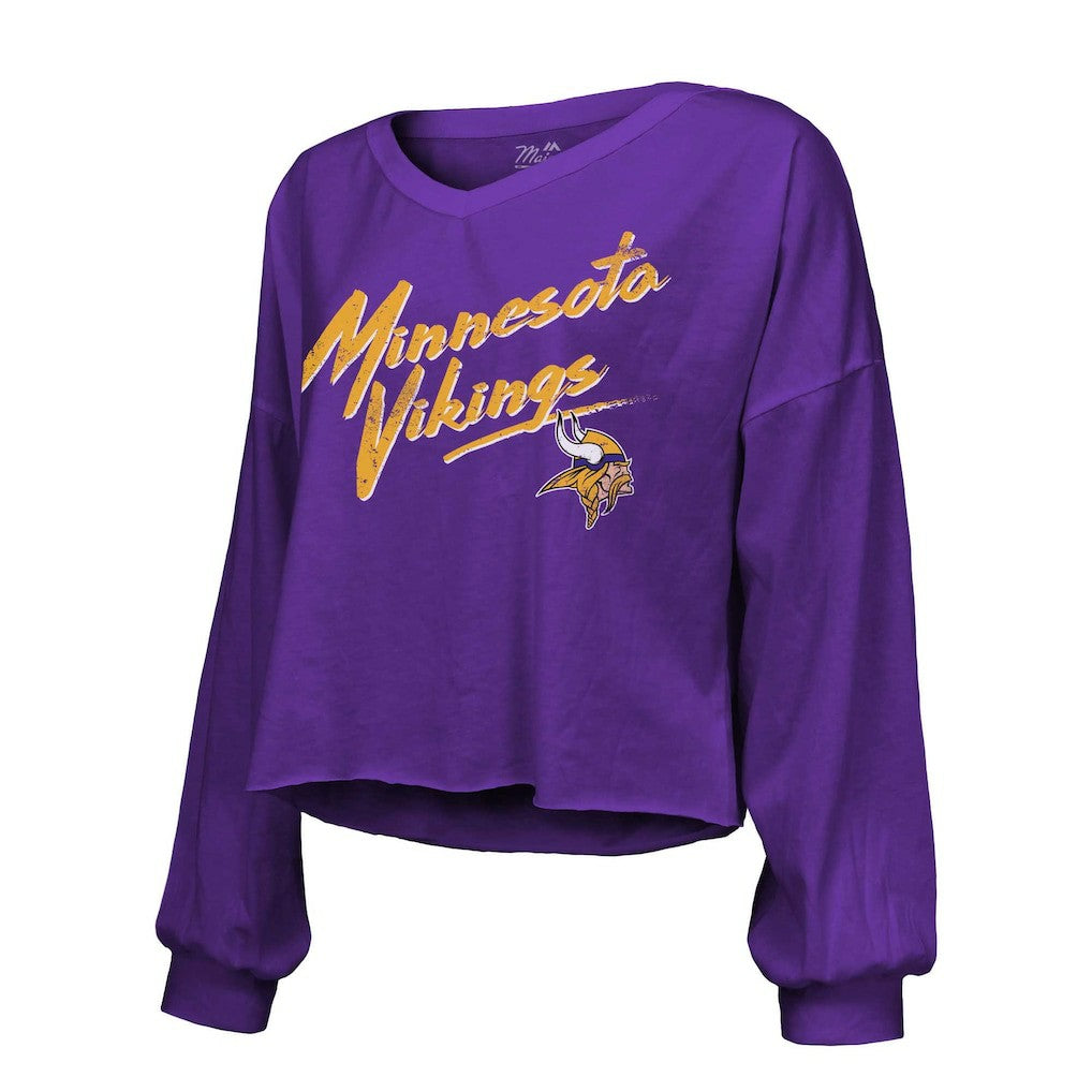 Justin Jefferson Minnesota Vikings Majestic Threads Women's Name & Number Off-Shoulder Script Cropped Long Sleeve V-Neck T-Shirt Purple | NFL