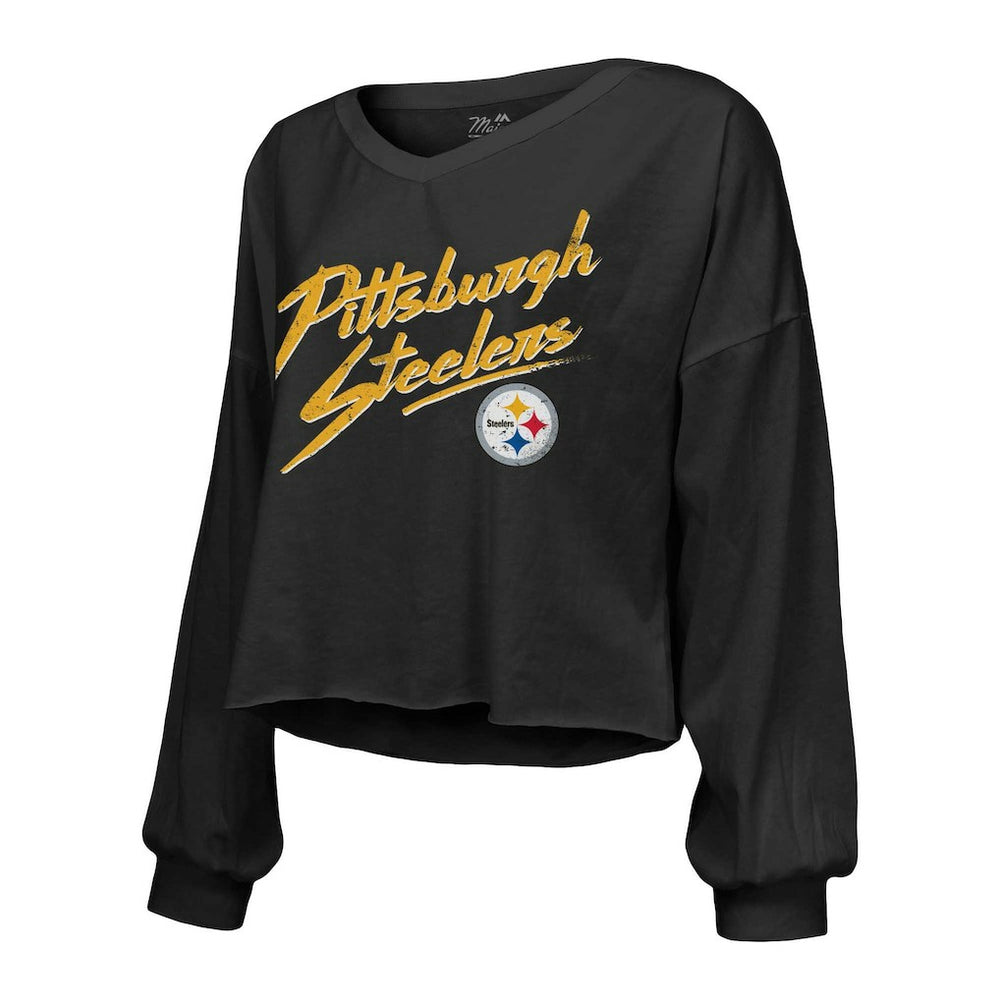 T.J. Watt Pittsburgh Steelers Majestic Threads Women's Name & Number Off-Shoulder Script Cropped Long Sleeve Relaxed V-Neck T-Shirt Black | NFL