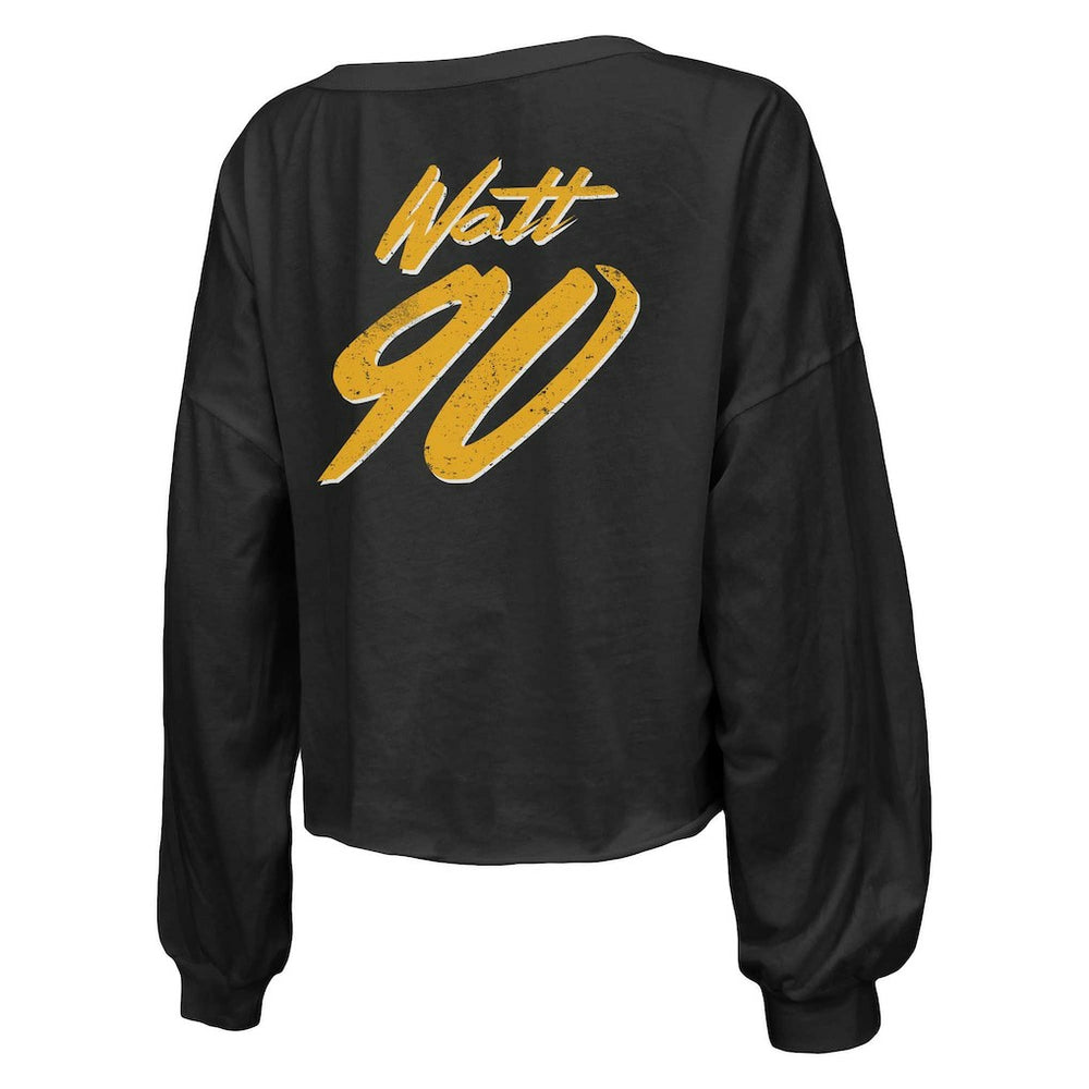 T.J. Watt Pittsburgh Steelers Majestic Threads Women's Name & Number Off-Shoulder Script Cropped Long Sleeve Relaxed V-Neck T-Shirt Black | NFL