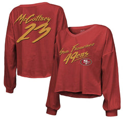 Christian McCaffrey San Francisco 49ers Majestic Threads Women's Name & Number Off-Shoulder Script Cropped Long Sleeve V-Neck T-Shirt Scarlet | NFL