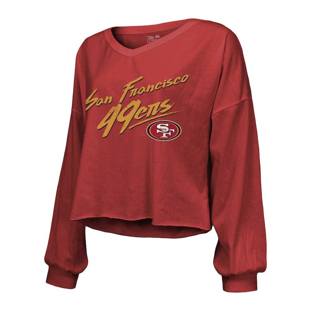 Christian McCaffrey San Francisco 49ers Majestic Threads Women's Name & Number Off-Shoulder Script Cropped Long Sleeve V-Neck T-Shirt Scarlet | NFL
