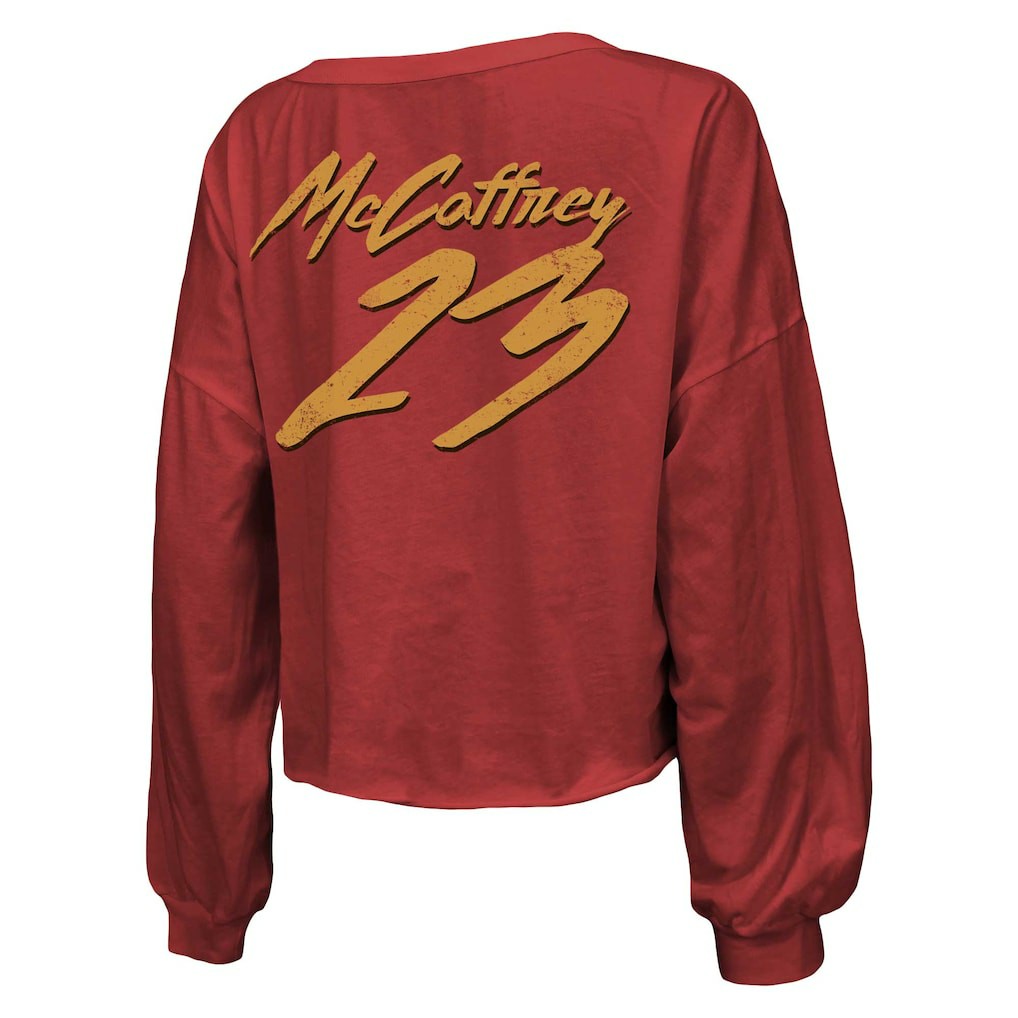 Christian McCaffrey San Francisco 49ers Majestic Threads Women's Name & Number Off-Shoulder Script Cropped Long Sleeve V-Neck T-Shirt Scarlet | NFL