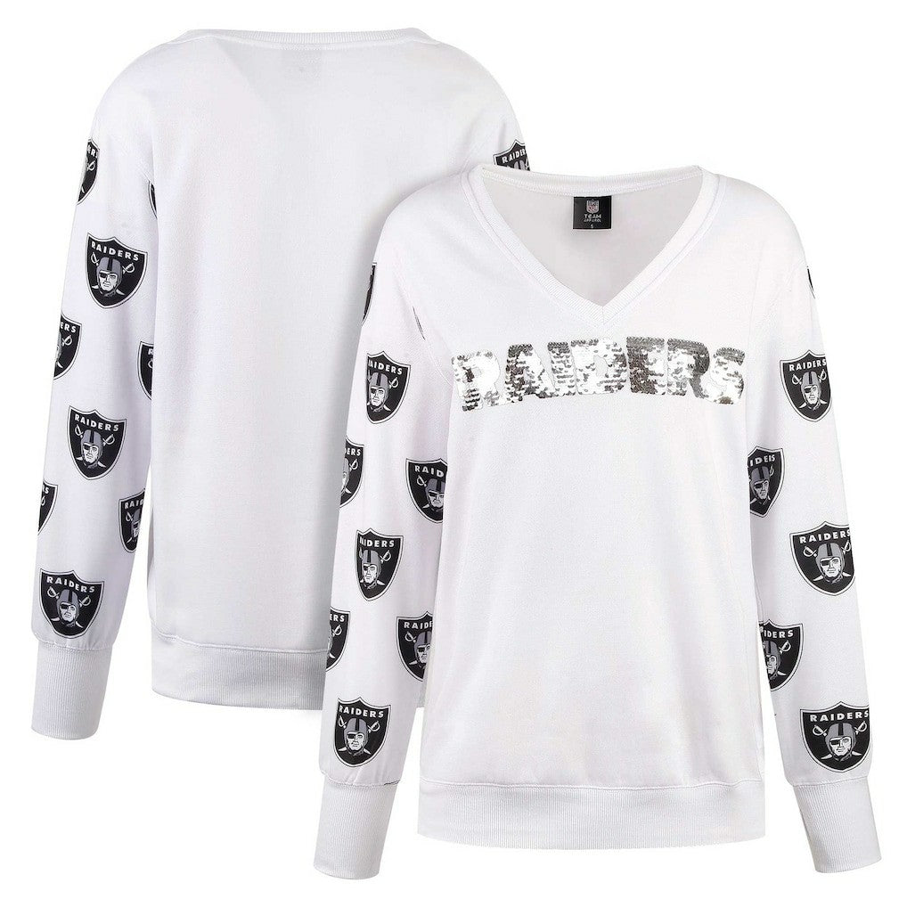 Las Vegas Raiders Cuce Women's Sequin Fleece V-Neck T-Shirt White | NFL