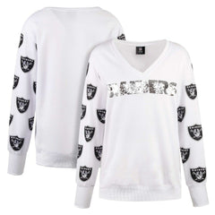 Las Vegas Raiders Cuce Women's Sequin Fleece V-Neck T-Shirt White | NFL