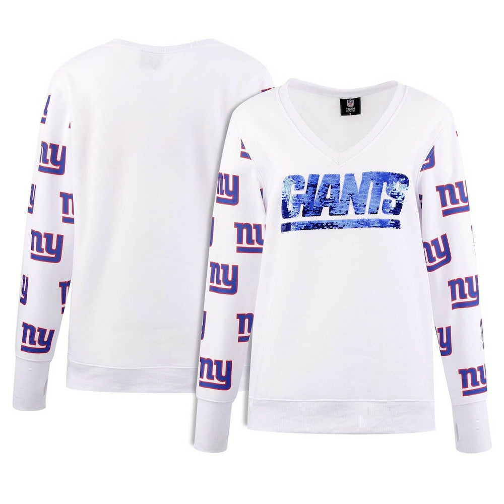 New York Giants Cuce Women's Sequin Fleece V-Neck T-Shirt White | NFL