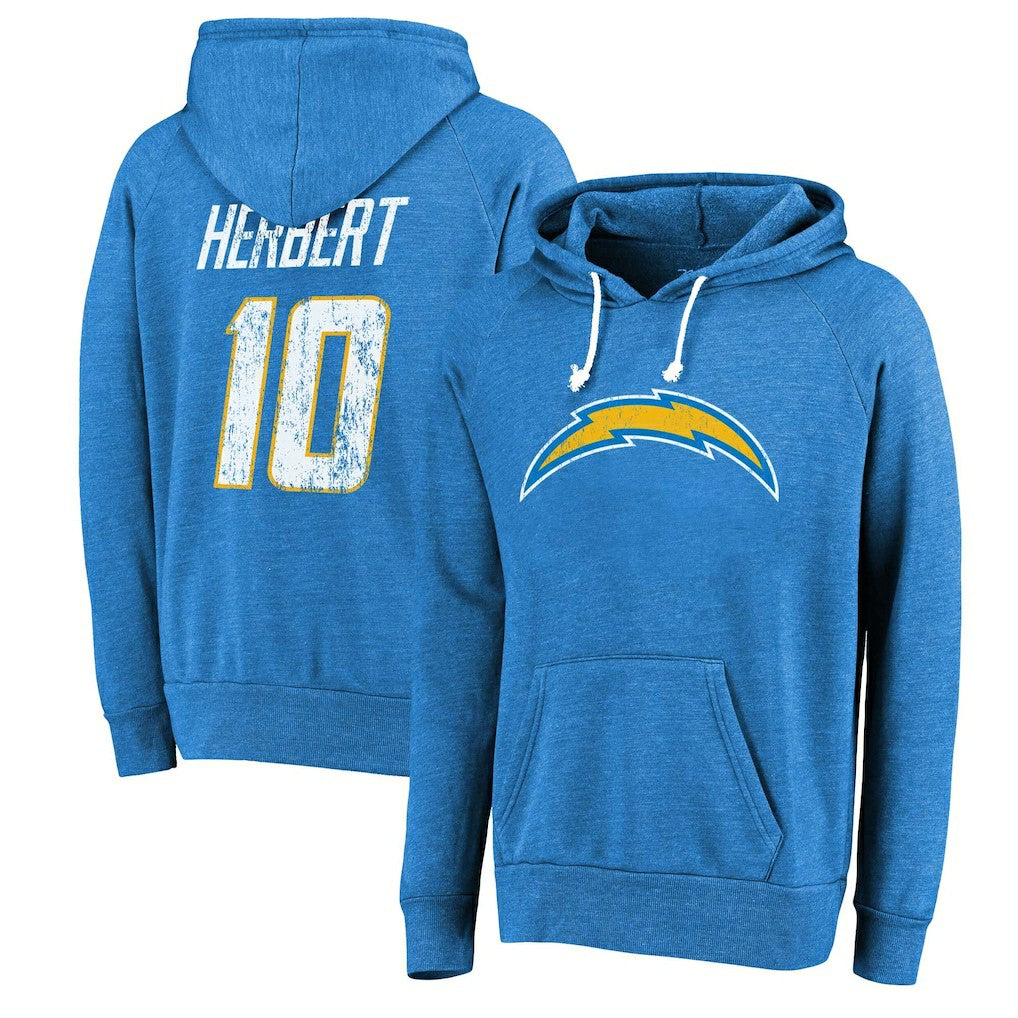 Justin Herbert Los Angeles Chargers Majestic Threads Name & Number Tri-Blend Pullover Hoodie Powder Blue | NFL