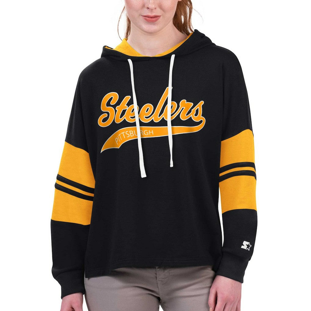 Pittsburgh Steelers Starter Women's Bump And Run Long Sleeve Hoodie T-Shirt Black | NFL