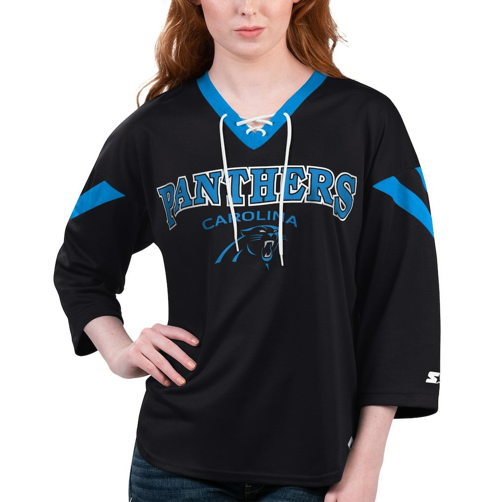 Carolina Panthers Starter Women's Rally Lace-Up 3/4 Sleeve T-Shirt Black | NFL