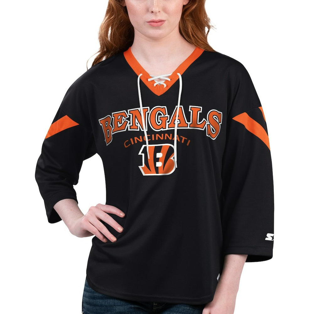Cincinnati Bengals Starter Women's Rally Lace-Up 3/4 Sleeve T-Shirt Black | NFL