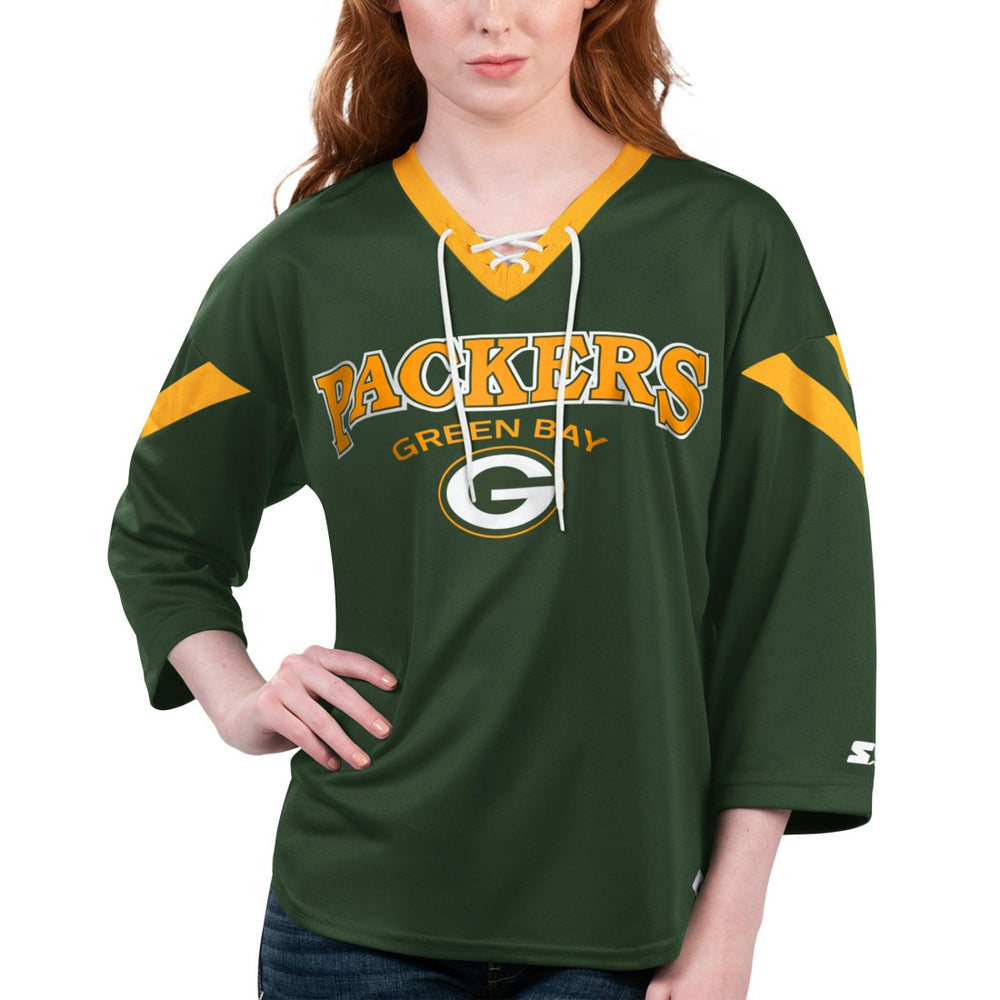 Green Bay Packers Starter Women's Rally Lace-Up 3/4 Sleeve T-Shirt Green | NFL
