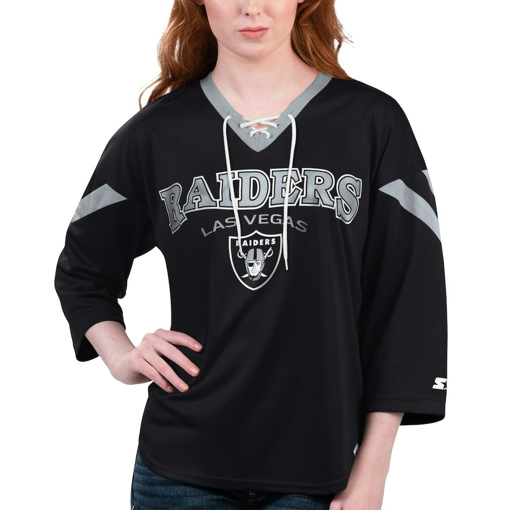 Las Vegas Raiders Starter Women's Rally Lace-Up 3/4 Sleeve T-Shirt Black | NFL