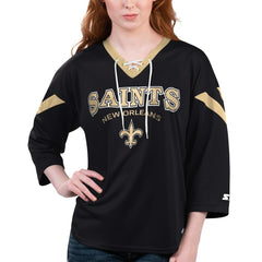 New Orleans Saints Starter Women's Rally Lace-Up 3/4 Sleeve T-Shirt Black | NFL