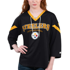 Pittsburgh Steelers Starter Women's Rally Lace-Up 3/4 Sleeve T-Shirt Black | NFL
