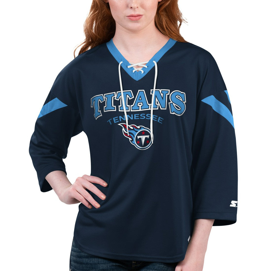 Tennessee Titans Starter Women's Rally Lace-Up 3/4 Sleeve T-Shirt Navy | NFL