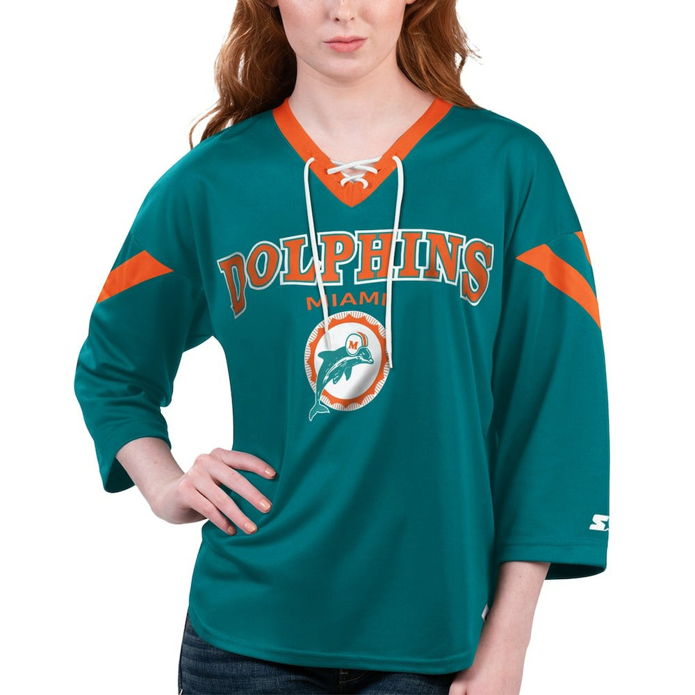 Miami Dolphins Starter Women's Rally Lace-Up 3/4 Sleeve T-Shirt Aqua | NFL