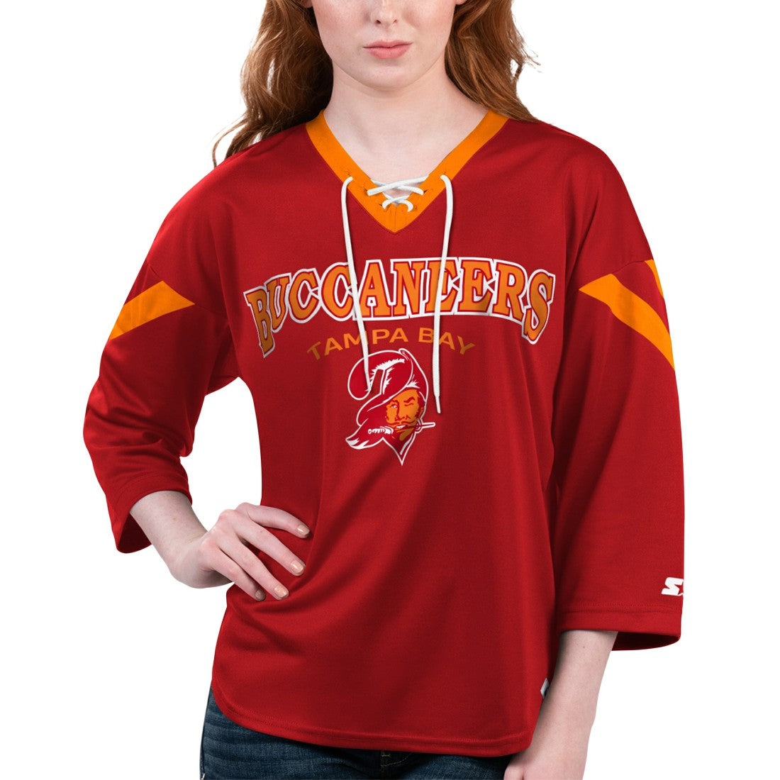 Tampa Bay Buccaneers Starter Women's Rally Lace-Up 3/4 Sleeve T-Shirt Red | NFL