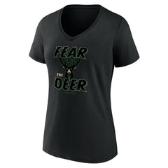 Milwaukee Bucks Women's Hometown Collection Fear The Deer V-Neck T-Shirt Black - NBA