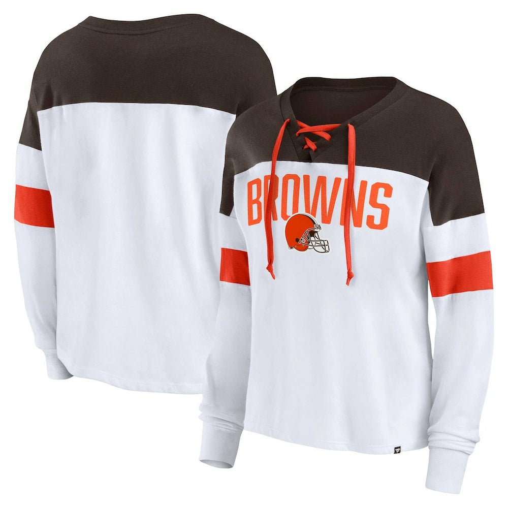 Cleveland Browns Women's Plus Size Even Match Lace-Up Long Sleeve V-Neck Top White/Brown | Fanatics